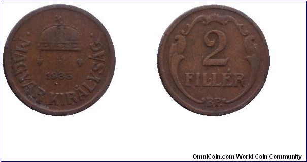 Hungary, 2 fillér, 1935, Bronze, Kingdom Of Hungary.                                                                                                                                                                                                                                                                                                                                                                                                                                                                