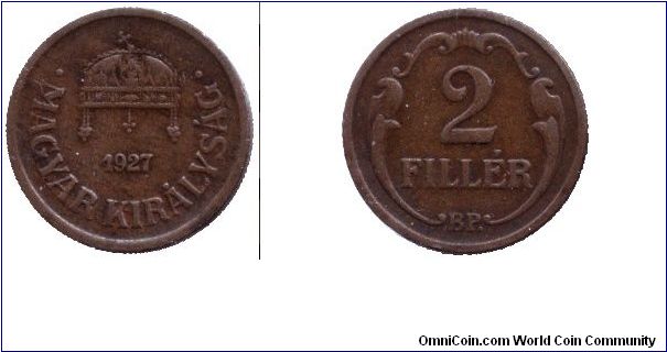 Hungary, 2 fillér, 1927, Bronze, Kingdom Of Hungary.                                                                                                                                                                                                                                                                                                                                                                                                                                                                