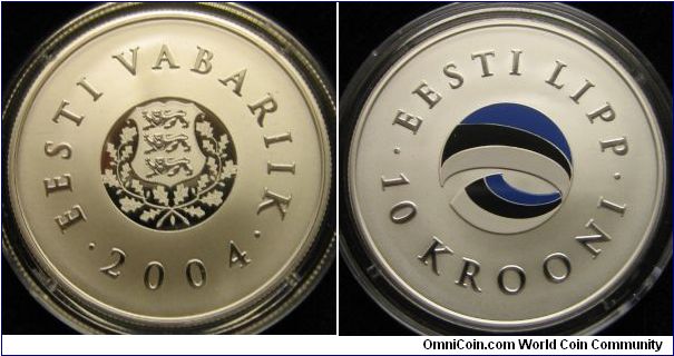 10 krooni commemorating the 120 anniversary since the consecration of Estonia's flag. Minted in Finland.
