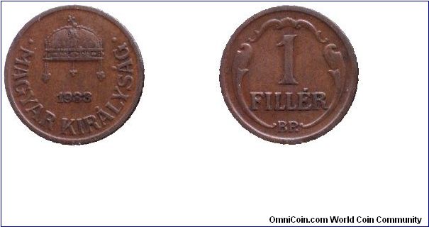 Hungary, 1 fillér, 1933, Bronze, Kingdom Of Hungary.                                                                                                                                                                                                                                                                                                                                                                                                                                                                