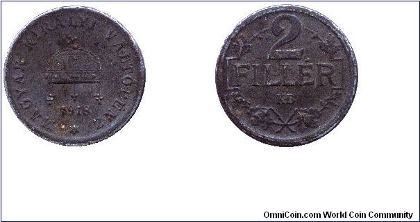 Hungary, 2 fillér, 1918, Fe, Austro-Hungarian Monarchy, IV. Károly (Charles IV), WWI issue.                                                                                                                                                                                                                                                                                                                                                                                                                         