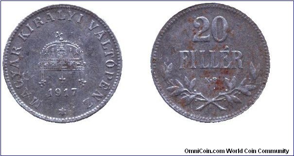 Hungary, 20 fillér, 1917, Fe, Austro- Hungarian Monarchy, IV. Károly (Charles IV), WWI issue.                                                                                                                                                                                                                                                                                                                                                                                                                       