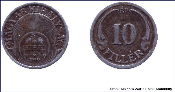 Hungary, 10 fillér, 1940, Steel, Kingdom of Hungary, WWII issue.                                                                                                                                                                                                                                                                                                                                                                                                                                                    