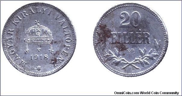 Hungary, 20 fillér, 1918, Fe, Austro-Hungarian Monarchy, IV. Károly (Charles IV), WWI issue.                                                                                                                                                                                                                                                                                                                                                                                                                        