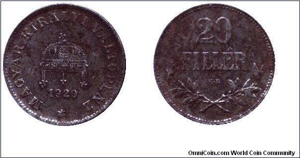 Hungary, 20 fillér, 1920, Fe, Kingdom of Hungary. This coin is interesting, because in 1920 the mint Kremnitz (Körmöcbánya) actually had already been part of Czechoslovakia.                                                                                                                                                                                                                                                                                                                                       