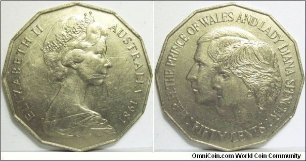 Australia 1981 50 cents - Prince of Wales and Lady Diana Spencer. This coin is to commemorate their wedding if I am not wrong.

Used to circulate freely around in Australia but heavily snapped up by collectors, especially when Diana has tragically died in a car accident and Prince Charles has wed to another Princess. 

Probably a better coin to commemorate their happy past.