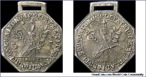 Fédération martiale tenue à Lyon, France.

When I purchased this I thought the obverse was just a poor picture. It turned out to be an overstrike of the reverse, the only example I've ever seen.                                                                                                                                                                                                                                                                                                                