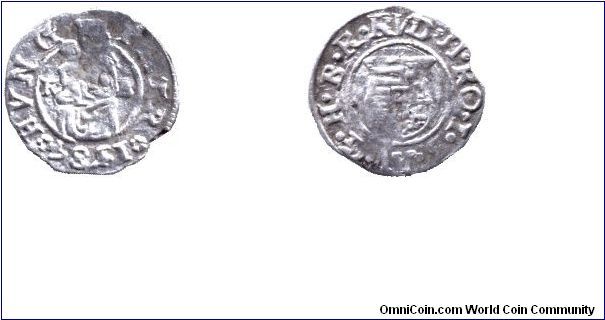 Hungary, 1 denar, 1584, Ag, from the reign of I. Rudolf (Rudolph I, 1576-1608). MM: KB                                                                                                                                                                                                                                                                                                                                                                                                                              