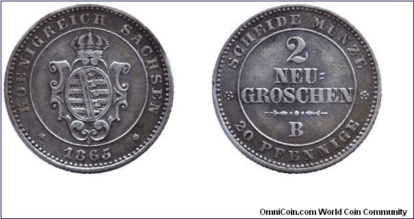 Saxony, 2 new groschen, 1865.                                                                                                                                                                                                                                                                                                                                                                                                                                                                                       