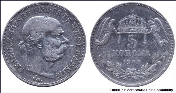 Hungary, 5 korona, 1900, Ag, King Franz Joseph I.                                                                                                                                                                                                                                                                                                                                                                                                                                                                   