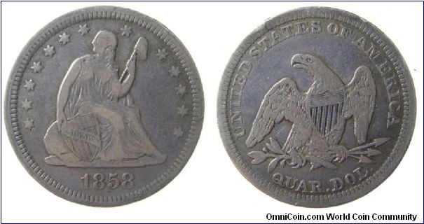 1858 Seated Liberty quarter dollar