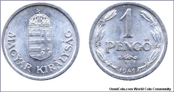 Hungary, 1 pengo, 1941, Al, Kingdom of Hungary.                                                                                                                                                                                                                                                                                                                                                                                                                                                                     