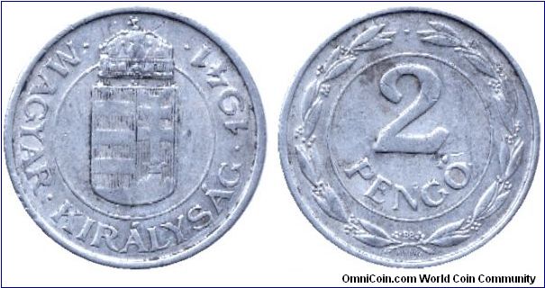 Hungary, 2 pengo, 1941, Al, Kingdom of Hungary.                                                                                                                                                                                                                                                                                                                                                                                                                                                                     