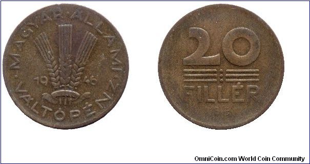 Hungary, 20 fillér, 1946, Al-Bronze, First Republic.                                                                                                                                                                                                                                                                                                                                                                                                                                                                