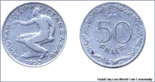 Hungary, 50 fillér, 1953, Al, People's Republic of Hungary.                                                                                                                                                                                                                                                                                                                                                                                                                                                         