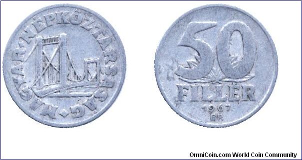 Hungary, 50 fillér, 1967, Al, Elizabeth Bridge, People's Republic of Hungary.                                                                                                                                                                                                                                                                                                                                                                                                                                       