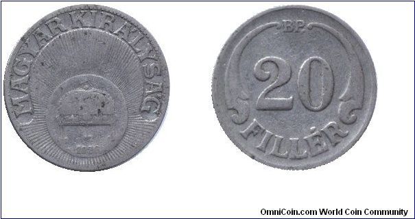 Hungary, 20 fillér, 1926, Cu-Ni, Kingdom of Hungary.                                                                                                                                                                                                                                                                                                                                                                                                                                                                