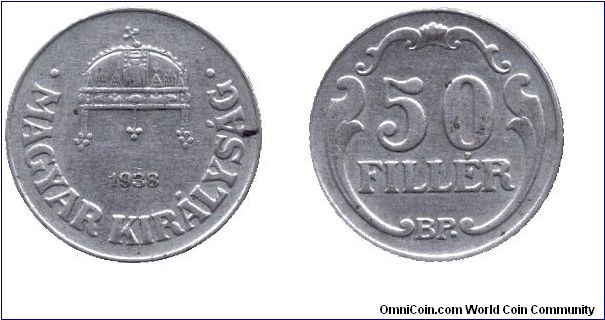 Hungary, 50 fillér, 1938, Cu-Ni, Kingdom of Hungary.                                                                                                                                                                                                                                                                                                                                                                                                                                                                