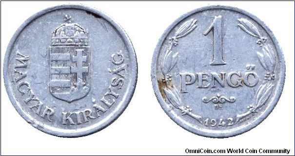 Hungary, 1 pengo, 1942, Al, Kingdom of Hungary.                                                                                                                                                                                                                                                                                                                                                                                                                                                                     