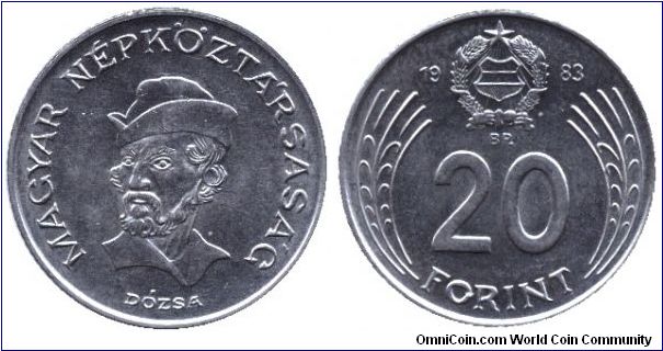 Hungary, 20 forint, 1983, Cu-Ni, György Dózsa, leader of the first big Peasant Uprising in 1514. People's Republic of Hungary.                                                                                                                                                                                                                                                                                                                                                                                      