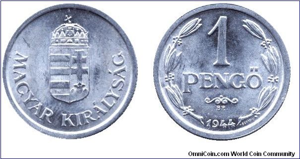 Hungary, 1 pengo, 1944, Al, Kingdom of Hungary.                                                                                                                                                                                                                                                                                                                                                                                                                                                                     