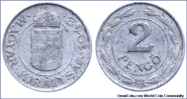 Hungary, 2 pengo, 1942, Al, Kingdom of Hungary.                                                                                                                                                                                                                                                                                                                                                                                                                                                                     