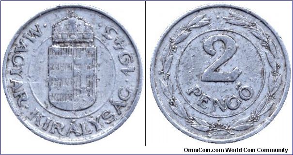 Hungary, 2 pengo, 1943, Al, Kingdom of Hungary.                                                                                                                                                                                                                                                                                                                                                                                                                                                                     