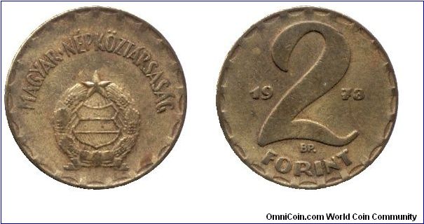 Hungary, 2 forint, 1973, Brass, People's Republic of Hungary. Interesting story is related to this coin. There were rumours in the 70-80s that this specific year cointains gold. therefor everyone started to collect which actually made it scarce and catalogue price went up. Naturally no gold was added it is just like other year 's issues.                                                                                                                                                                 
