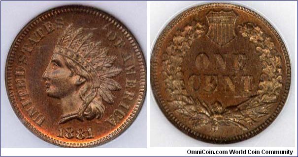 1881 Indian Head Cent NGC PF 64 RB (Scratches are on holder)
Mintage: 3,575