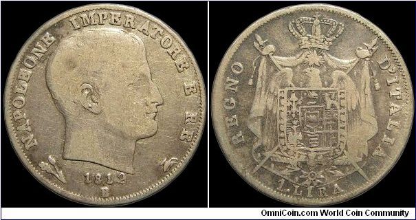 1 Lire, Napoleonic Kingdom of Italy.

Bologna mint. 1812/1810 overdate.                                                                                                                                                                                                                                                                                                                                                                                                                                           