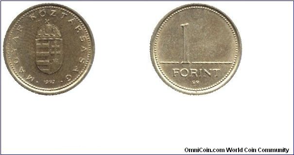 Hungary, 1 forint, 1992, Cu-Ni-Zn, 2nd Republic.                                                                                                                                                                                                                                                                                                                                                                                                                                                                    