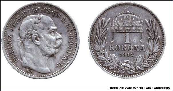 Hungary, 1 korona, 1912, Ag, Franz Joseph I.                                                                                                                                                                                                                                                                                                                                                                                                                                                                        