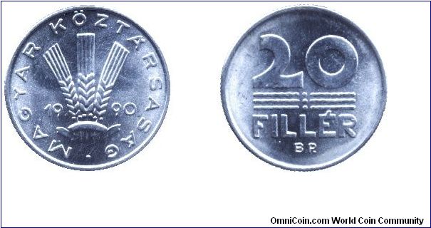 Hungary, 20 fillér, 1990, Al, 2nd Republic                                                                                                                                                                                                                                                                                                                                                                                                                                                                          