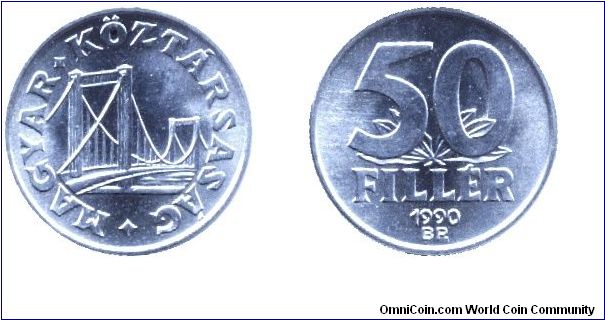 Hungary, 50 fillér, 1990, Al, 2nd Republic.                                                                                                                                                                                                                                                                                                                                                                                                                                                                         