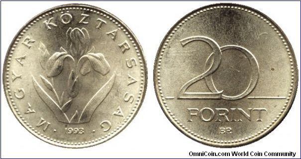 Hungary, 20 forint, 1993, Cu-Ni-Zn, Hungarian Iris.                                                                                                                                                                                                                                                                                                                                                                                                                                                                 