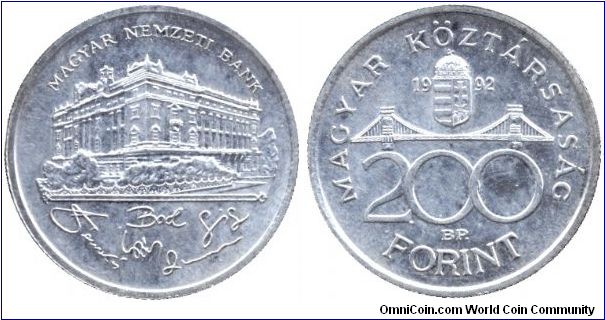 Hungary, 200 forint, 1992, Ag, building of the Hungarian National Bank, Chain Bridge, Republic of Hungary. Actually this coin was released into circulation which is not usual for silver coins. First issues were struck from stirling silver by the UK mint they have different (lighter) color like this one.                                                                                                                                                                                                    