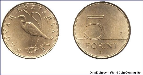 Hungary, 5 forint, 1993, Cu-Ni-Zn, White Great Egret, Republic of Hungary.                                                                                                                                                                                                                                                                                                                                                                                                                                          