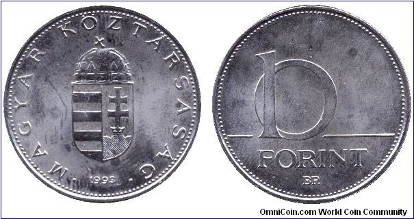 Hungary, 10 forint, 1993, Cu-Ni-Brass, Republic of hungary.                                                                                                                                                                                                                                                                                                                                                                                                                                                         