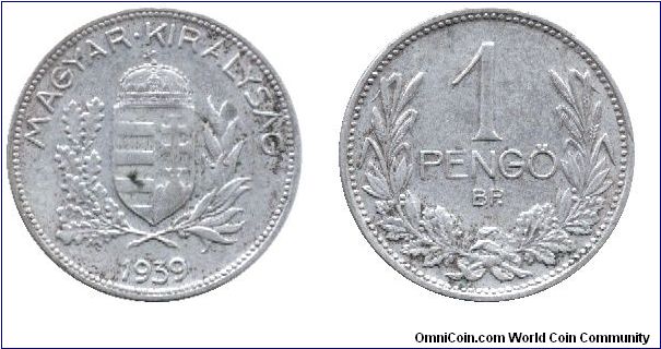 Hungary, 1 pengo, 1939, Ag, Kingdom of Hungary.                                                                                                                                                                                                                                                                                                                                                                                                                                                                     