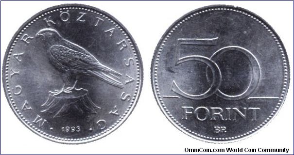 Hungary, 50 forint, 1993, Cu-Ni, Saker Falcon, Republic of Hungary.                                                                                                                                                                                                                                                                                                                                                                                                                                                 