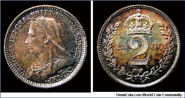 1900 Great Britain Maundy 2 Pence, Queen Victoria Veiled Head. Toned. KM.777/Spink.3946.