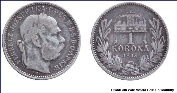 Hungary, 1 korona, 1895, Ag, Franz Joseph I.                                                                                                                                                                                                                                                                                                                                                                                                                                                                        