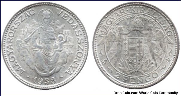 Hungary, 2 pengo, 1938, Ag, Madonna, patron of Hungary.                                                                                                                                                                                                                                                                                                                                                                                                                                                             