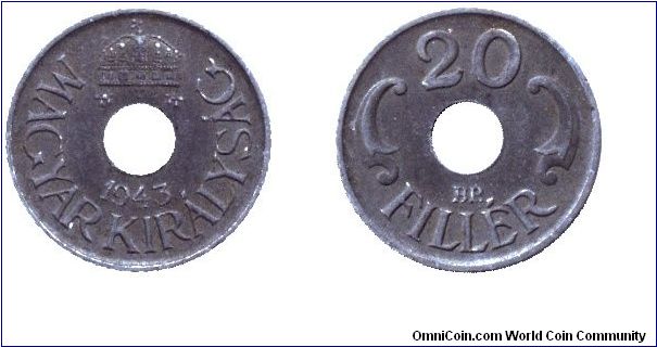 Hungary, 20 fillér, 1943, Steel, WWII issue, Kingdom of Hungary.                                                                                                                                                                                                                                                                                                                                                                                                                                                    