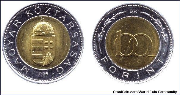 Hungary, 100 forint, 1996, Cu-Ni-Zn, bi-metallic, Republic of Hungary.                                                                                                                                                                                                                                                                                                                                                                                                                                              