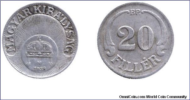 Hungary, 20 fillér, 1938, Cu-Ni, Kingdom of Hungary.                                                                                                                                                                                                                                                                                                                                                                                                                                                                