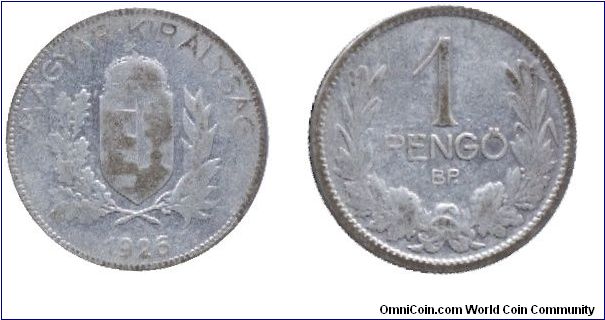 Hungary, 1 pengo, 1926, Ag, Kingdom of Hungary.                                                                                                                                                                                                                                                                                                                                                                                                                                                                     