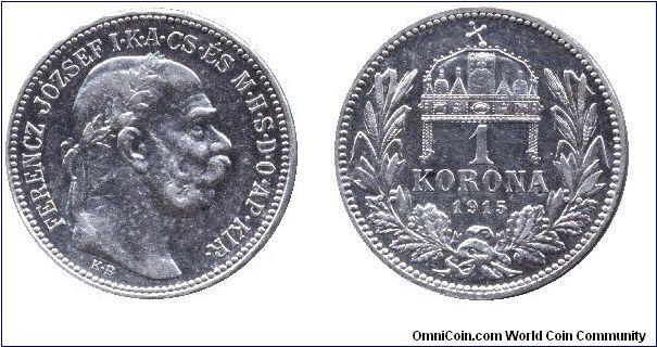 Hungary, 1 korona, 1915, Franz Joseph I.                                                                                                                                                                                                                                                                                                                                                                                                                                                                            