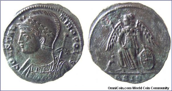 Constantinopolis City Commemorative
OBV: CONSTANTINOPOLIS
REV:Victory standing left with septor and shield. Siscia mint.