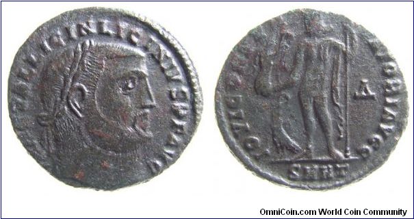 Licinius I follis
OBV: IMP C VAL LICIN LICINIVS P F AVG, laureat head right
REV: IOVI CONSERVATORI AVGG, Jupiter holding Victory on globe and scepter ex: SMHT